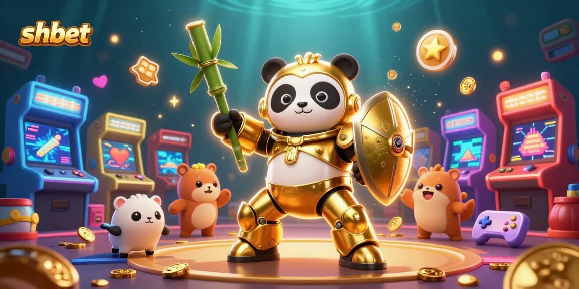 Engage in thrilling action with shbet, featuring an epic mech-suit panda battling in a vibrant casino arena.