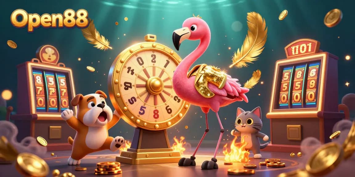 Engage with thrilling Open88 gameplay showcasing a cartoon host and bulldog contestant amid dazzling casino elements.