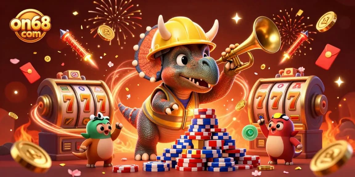 Join the excitement at on68 com, where a triceratops builds poker chip towers amidst festive symbols.