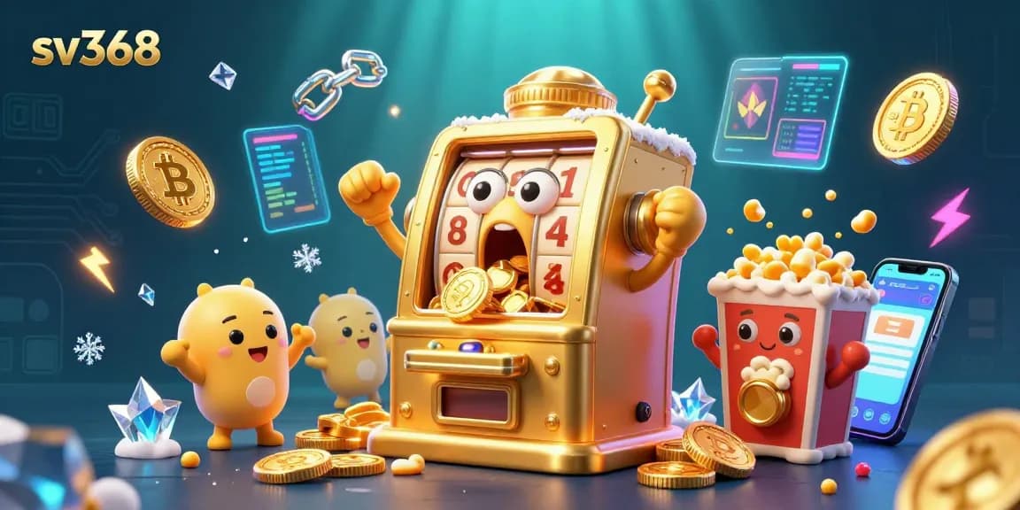 sv368 jackpot celebration scene with golden slot machine and cryptocurrency elements