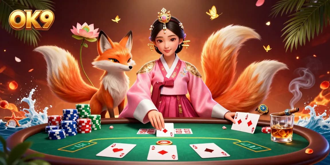 Experience thrilling gameplay at OK9 with an elegant woman engaging in a poker game surrounded by vibrant casino elements.