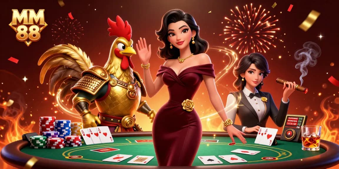 Experience the thrill of MM 88 with casino games and vibrant energy in a 3D illustration.