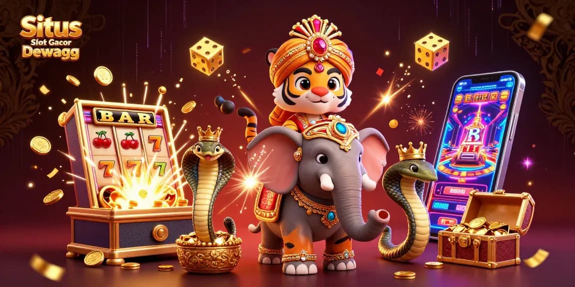 Situs Slot Gacor Dewagg showcases a vibrant casino scene with a tiger and elephant amid a jackpot explosion.