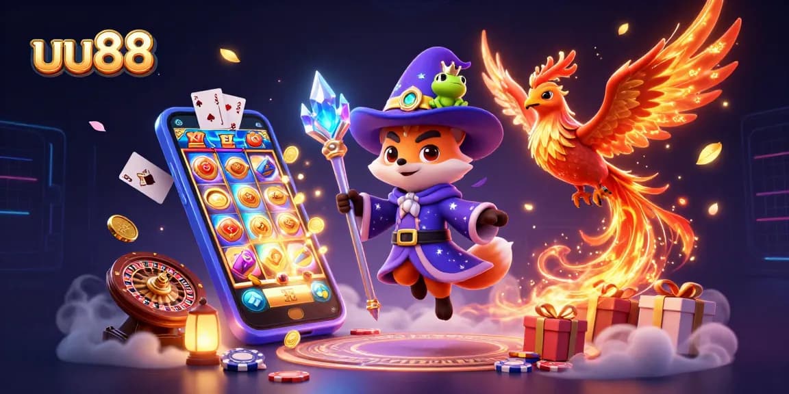 uu88 unleashes thrilling slot action with a mystical fox and fiery phoenix in a vibrant casino scene.