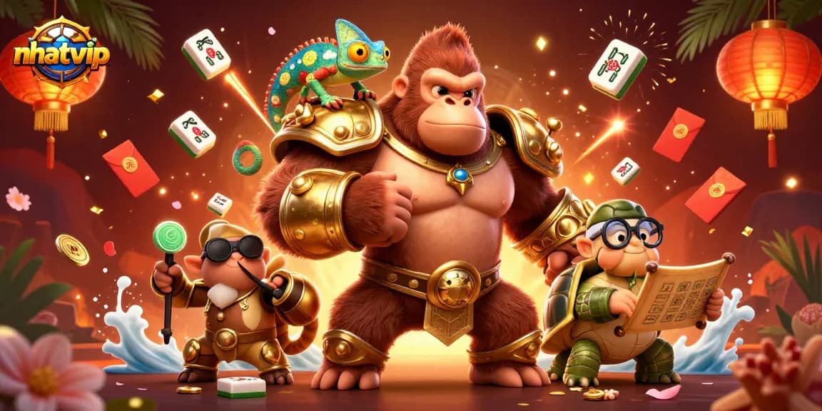 Nhatvip casino experience featuring a powerful gorilla king, colorful elements, and vibrant energy.