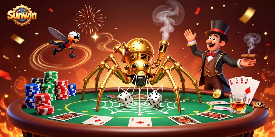 Sunwin brings excitement as a cartoon spider traps dice in a web of poker chips.