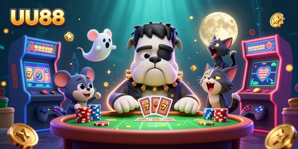 UU88 chance for big wins with a lively 3D casino scene featuring a Frankenstein bulldog dealer.