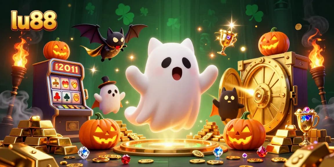 Engage with exciting jackpots at lu88 as a friendly ghost cat navigates a haunted casino.