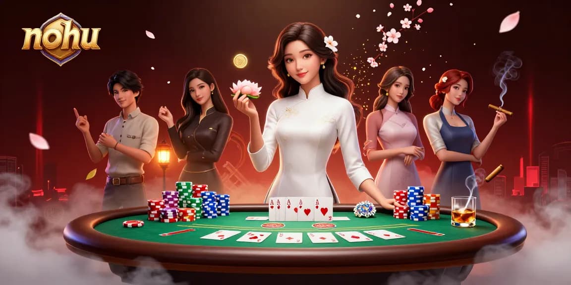Nohus serene gambling atmosphere with an elegant woman holding a lotus flower and a golden coin amidst poker elements.
