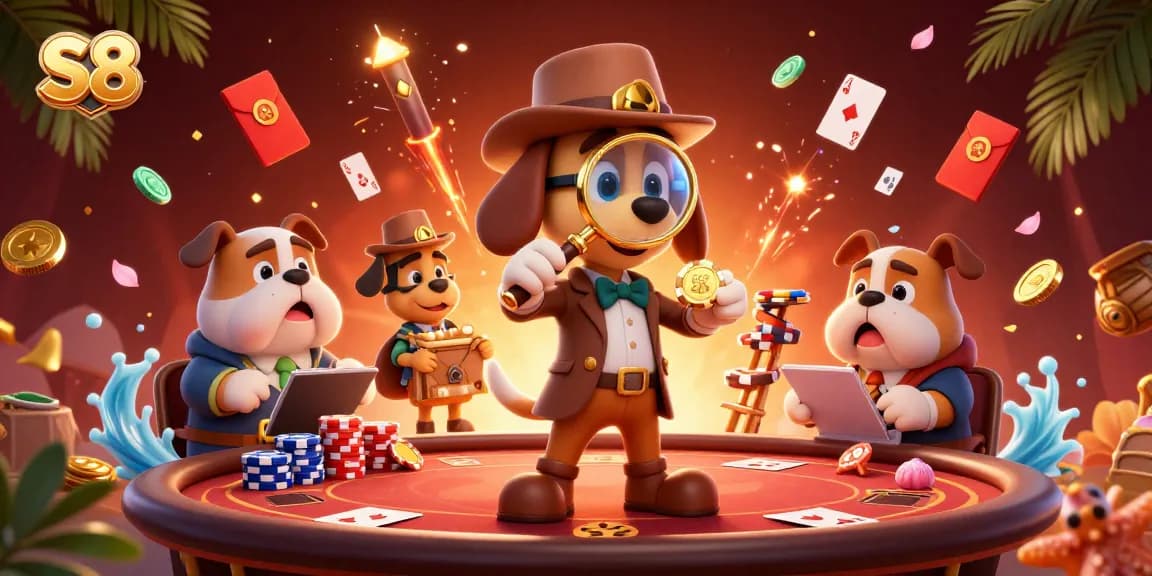 S8 reveals thrilling action in a packed casino scene with a detective examining poker clues.