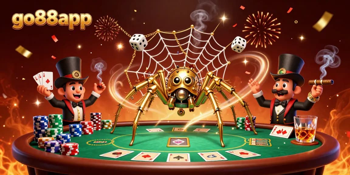 Experience go88app's thrilling gaming with an intricate steampunk spider web capturing dice.