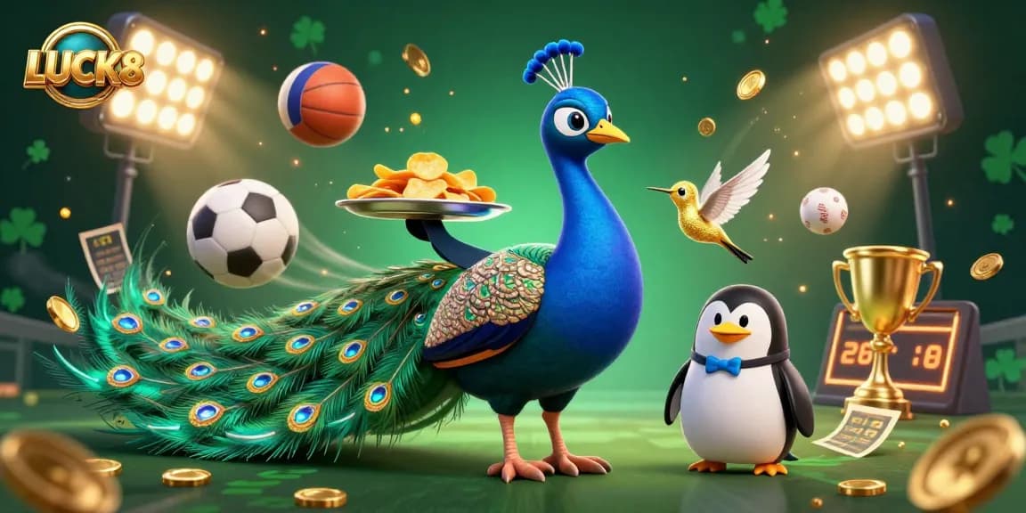 LUCK8 - Engage with vibrant casino elements featuring a colorful peacock, golden chips, and dynamic sports betting