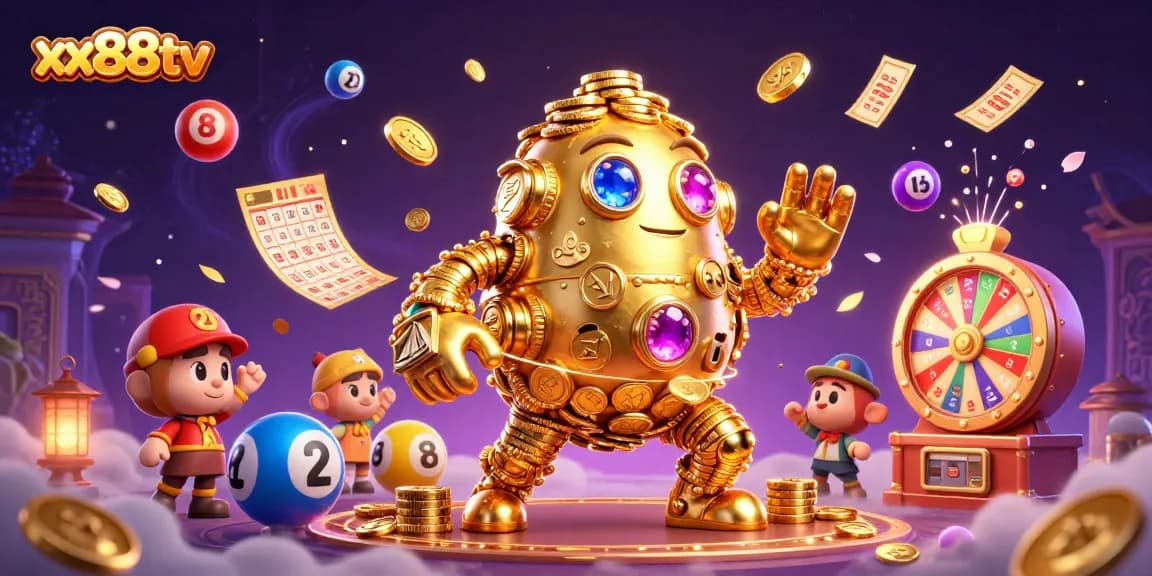 Play exciting games at xx88tv featuring a dynamic scene with a golden golem and colorful lottery elements.