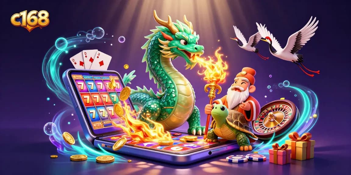 Experience thrilling slot games with c168 featuring a dragon and wise sage amidst golden coins.