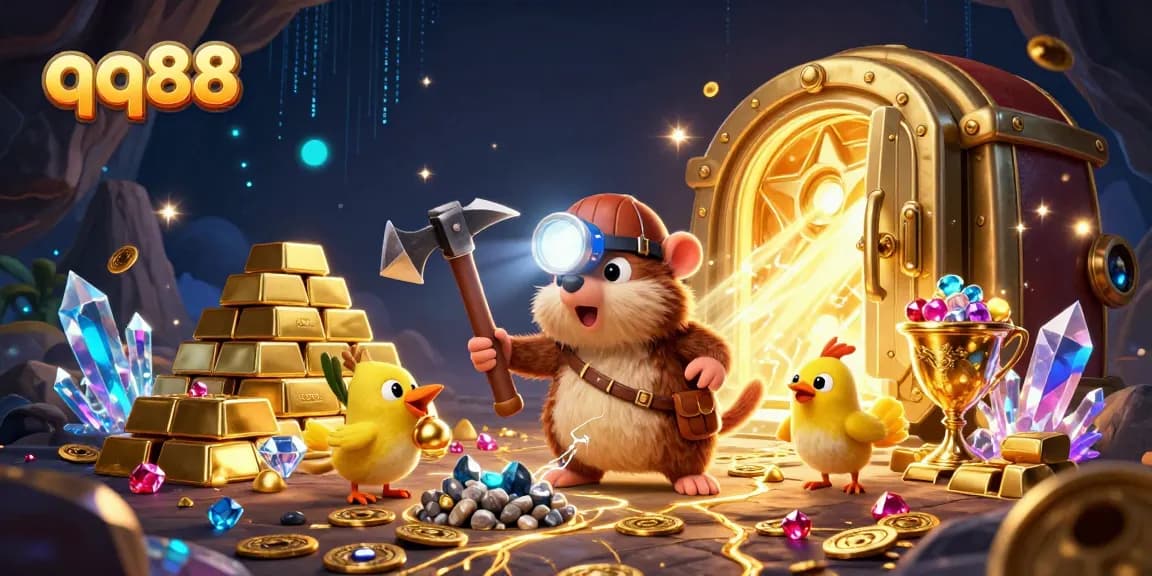 Mining treasures in the exciting qq88 casino environment with charming characters and glowing gems.