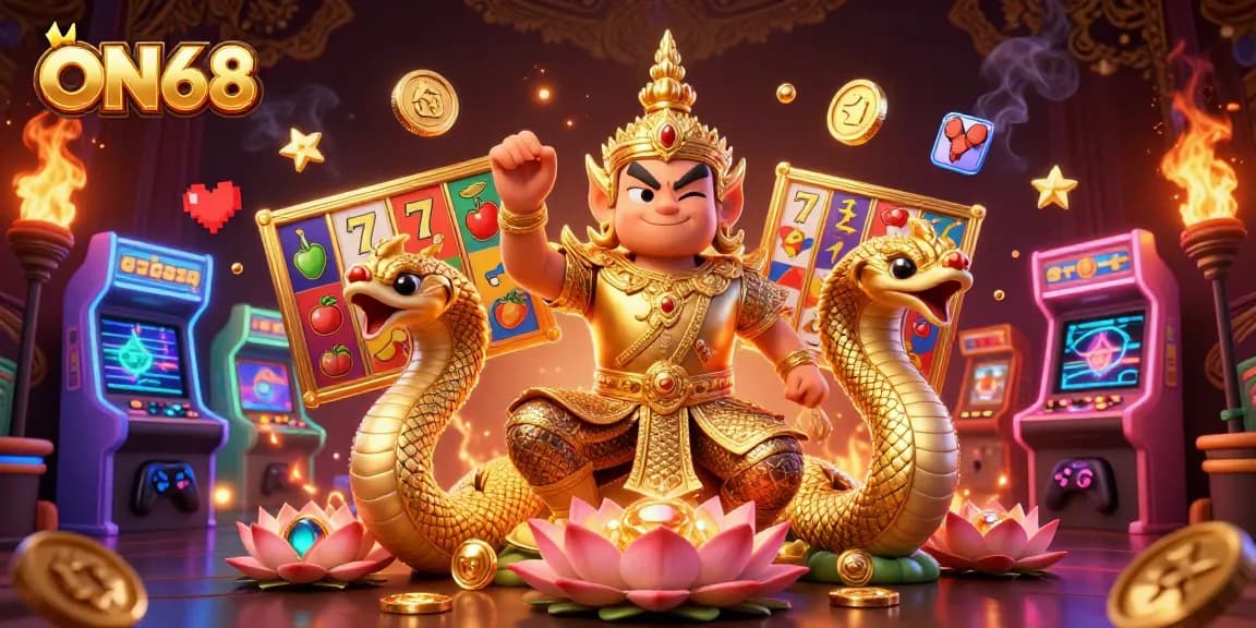 Play slots with ON68 and experience the charm of a vibrant temple guardian scene.