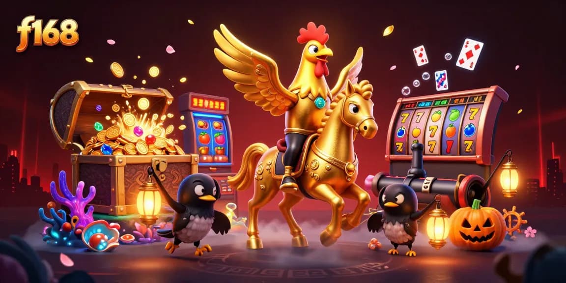 Experience excitement at f168 with a vibrant illustration featuring gaming elements and animated characters.