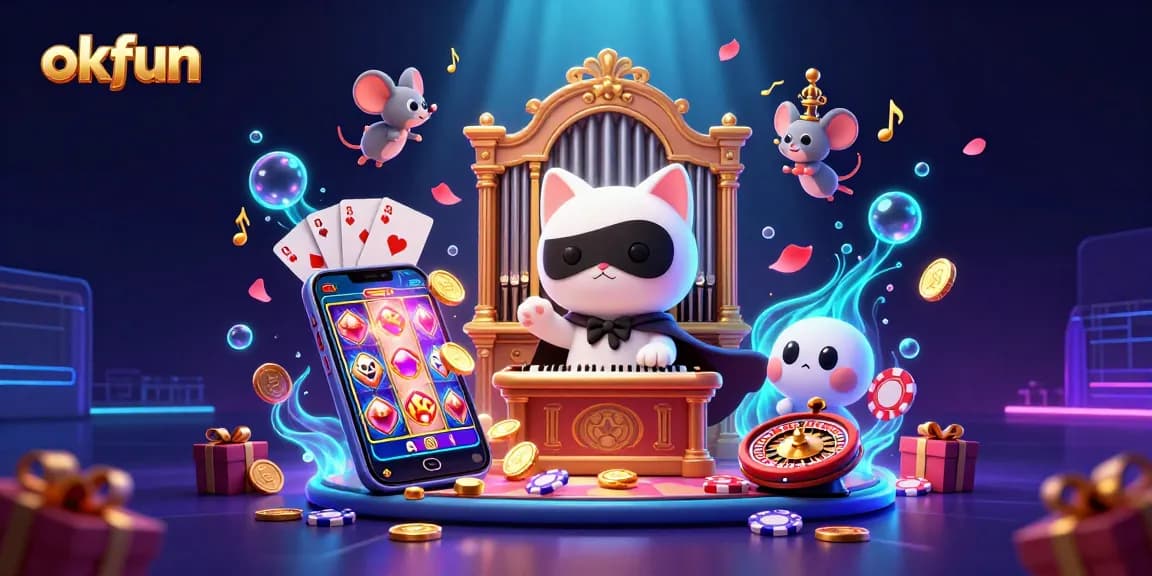 Spin the reels with okfun in a vibrant casino scene featuring unique characters and exciting game elements.