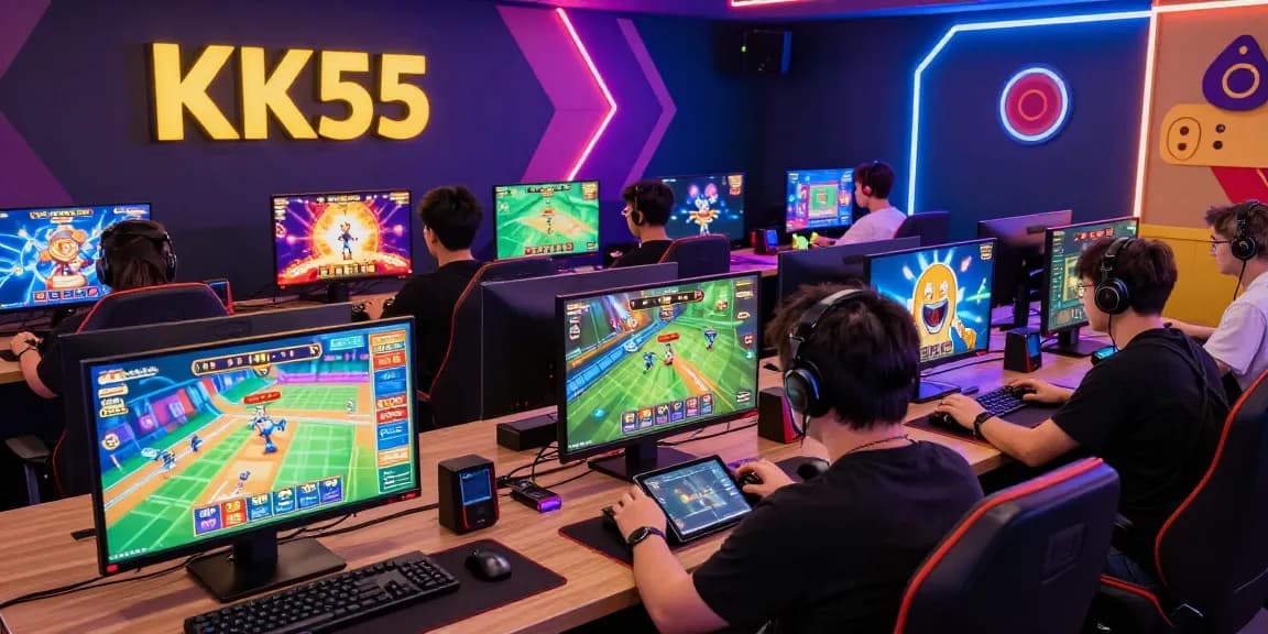 Exciting KK55 online gaming atmosphere with diverse players enjoying various games and energetic decor.