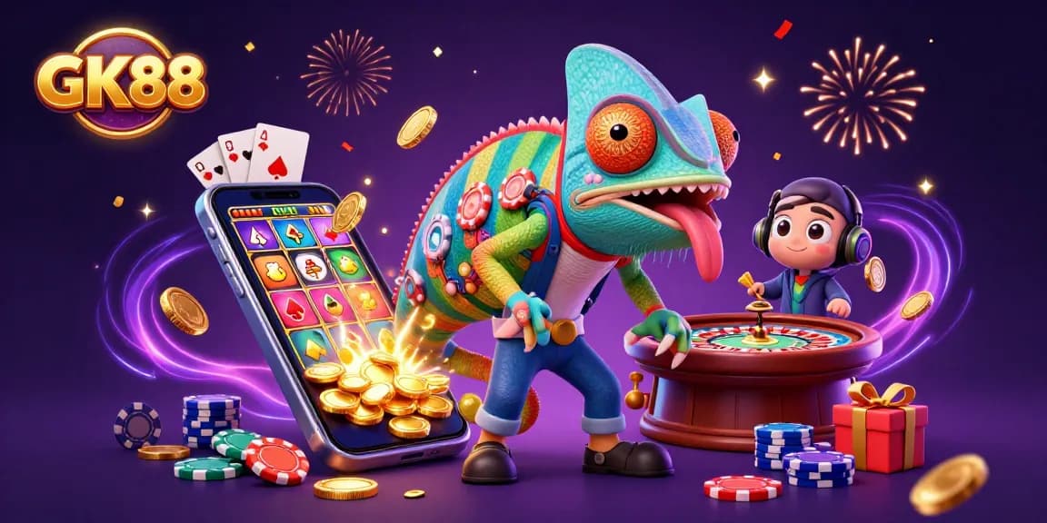 Experience the excitement of GK88 casino with a vibrant chameleon, golden coins, and dynamic slot games.