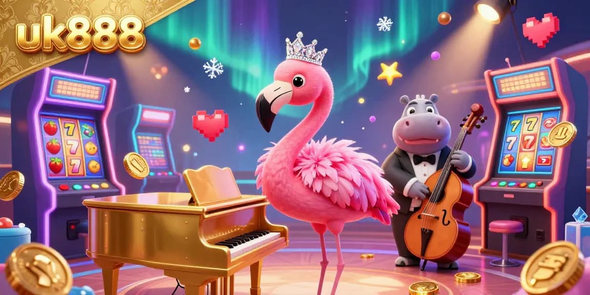 Experience the vibrant world of uk888 with a flamingo singer and hippo bassist in a dazzling casino scene.