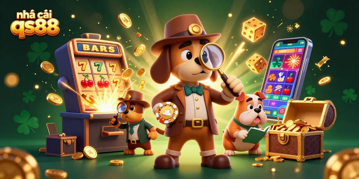 Experience the excitement of nhà cái qs88 with cartoon detective characters investigating a treasure-filled casino scene.