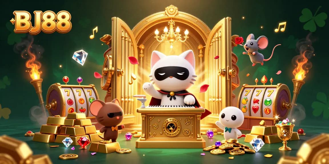 Engage with BJ88's vibrant casino atmosphere featuring a whimsical 3D illustration with dynamic gold elements.