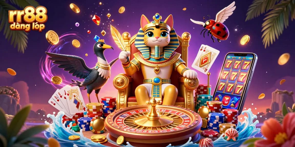Experience rr88 đăng nhập with an Egyptian pharaoh cat and ibis scribe in a vibrant casino scene.