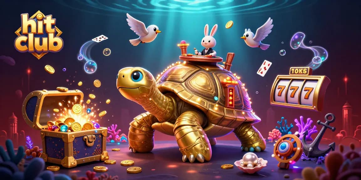 Win at the hit club with this vibrant casino illustration featuring a tortoise, rabbit dealer, and golden coins.