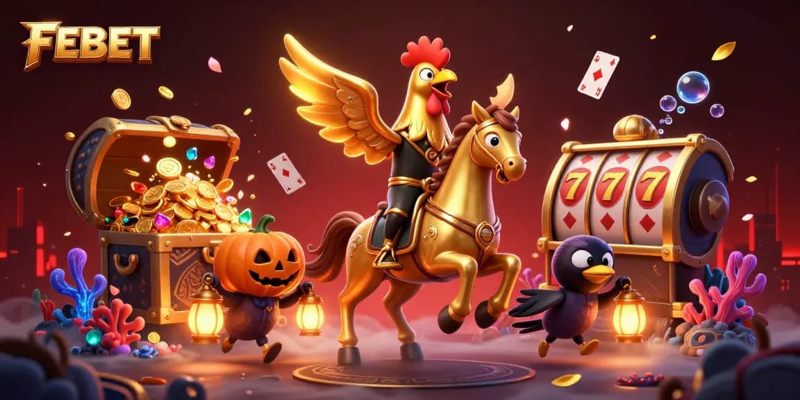 Experience the thrill of FEBET with this vibrant casino scene featuring energetic characters, slot reels, and a mystical atmosphere.