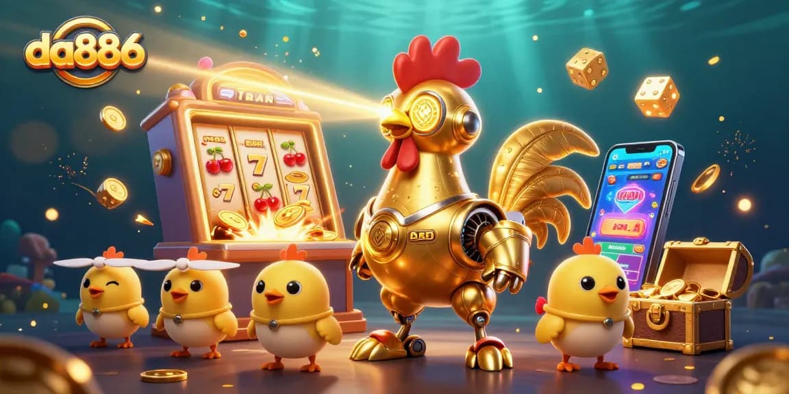 da886 captivates gamers with a thrilling jackpot slot machine scene featuring a golden rooster robot.