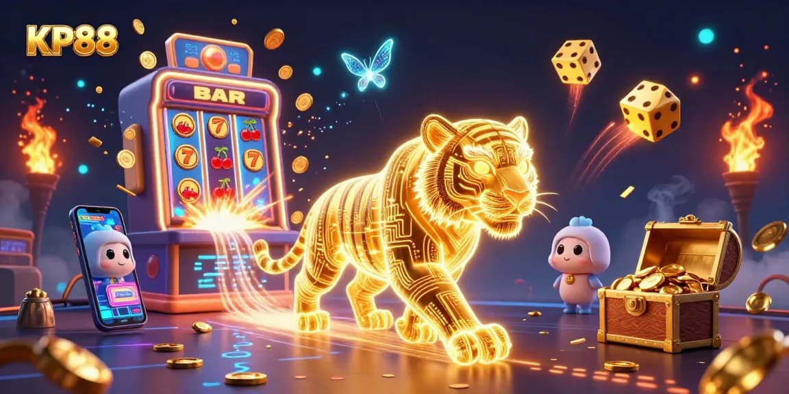 Experience thrilling wins at KP88 with a neon golden tiger and jackpot slot machine