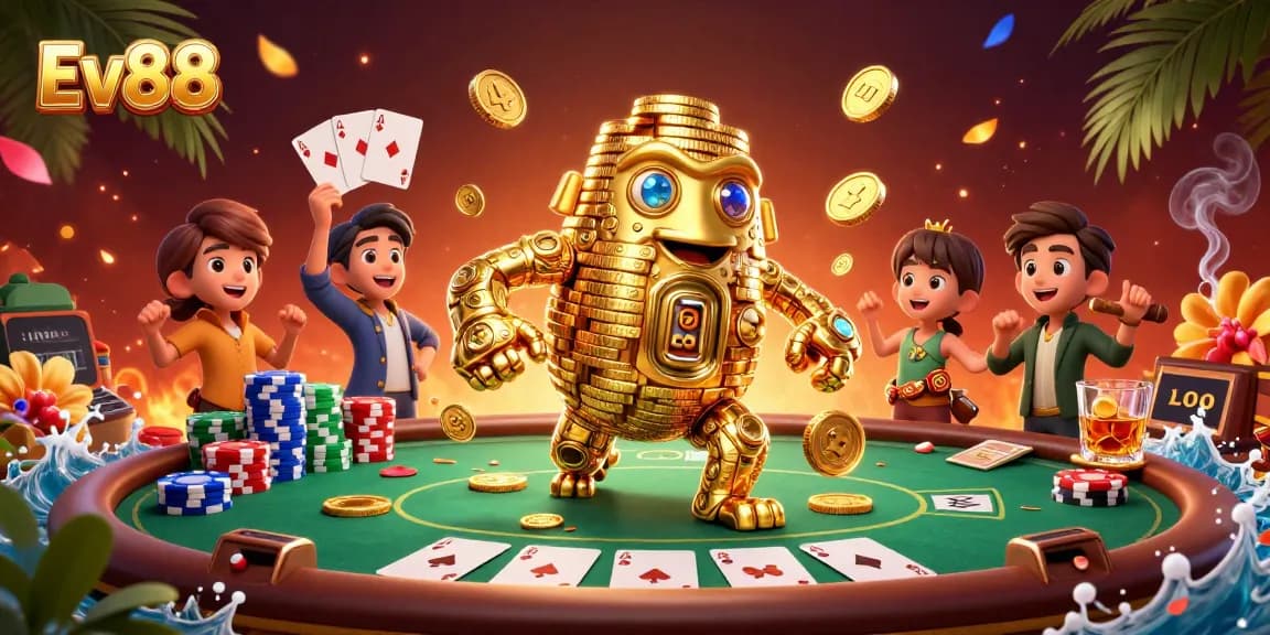 Spin to win with Ev88’s dynamic casino scene featuring a golden golem, poker chips, and a vivid atmosphere.