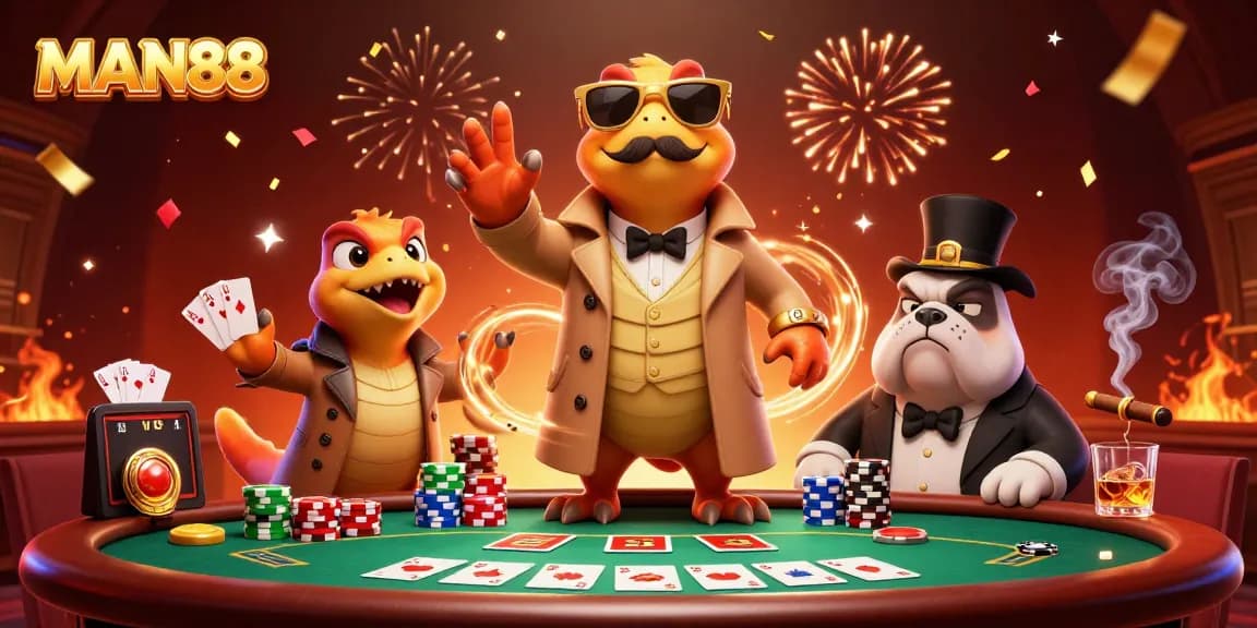 Join the exciting gaming world of MAN88 with raptors and poker elements enhancing the fun!