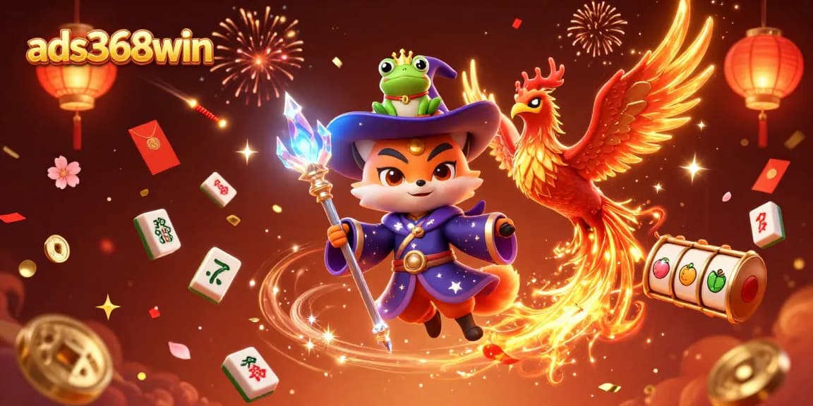 Experience thrilling moments at ads368win with a vibrant casino scene featuring a magical wizard fox, phoenix, and dynamic game elements.