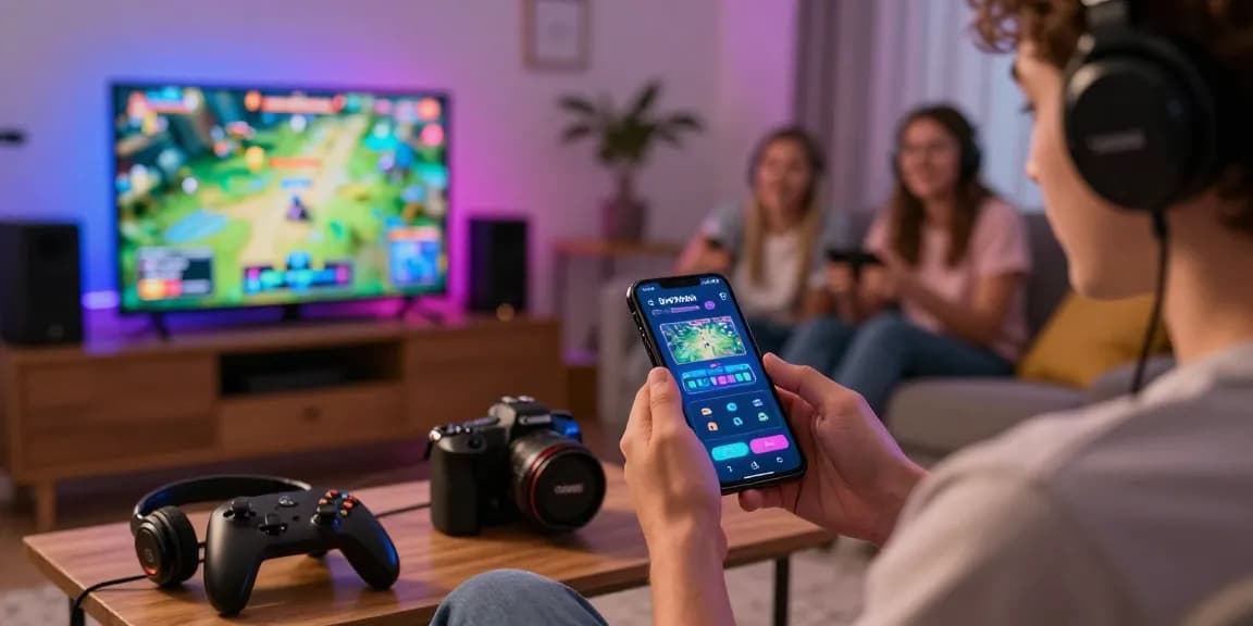Slot7000 gaming platform user enjoying the app in a lively living room with friends.