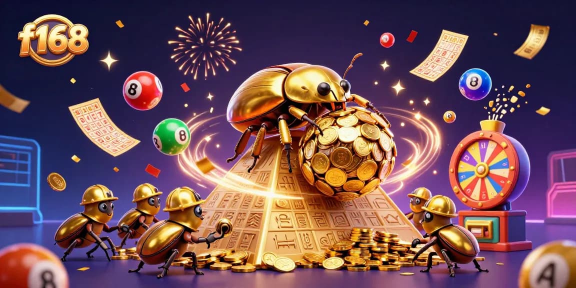 Experience the thrill of f168 as a golden beetle rolls winnings in a vibrant casino-themed illustration.