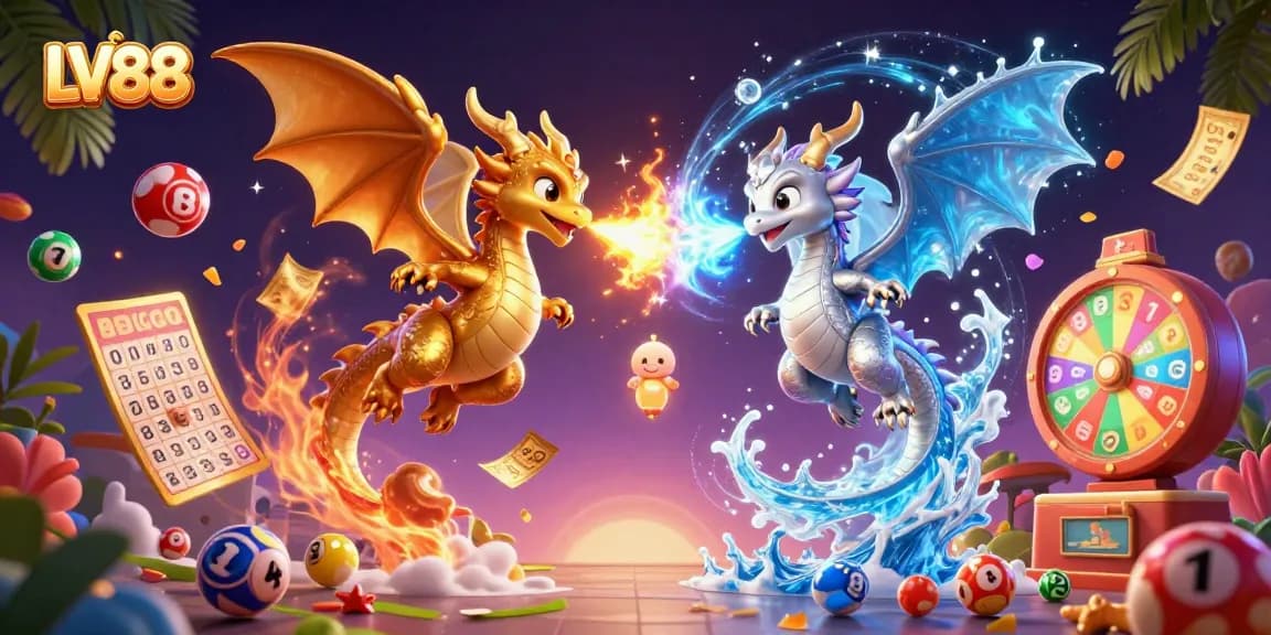 LV88 immerses players in a vibrant world of dragons and colorful casino elements in a stunning illustration.