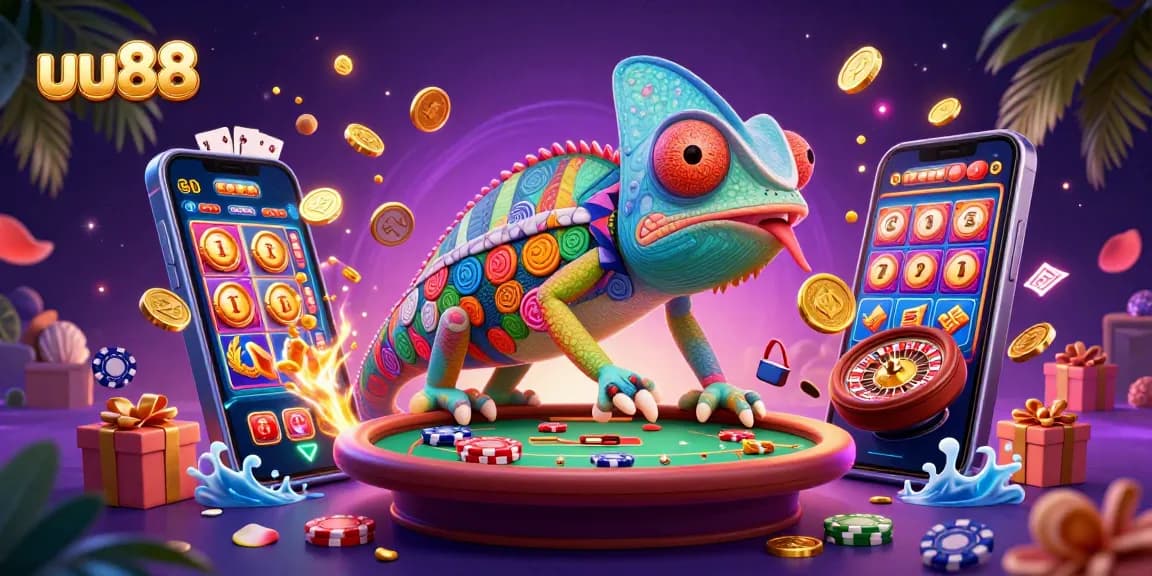 uu88 chameleon casino owner captures golden coins amidst exciting gaming elements in a vibrant scene.
