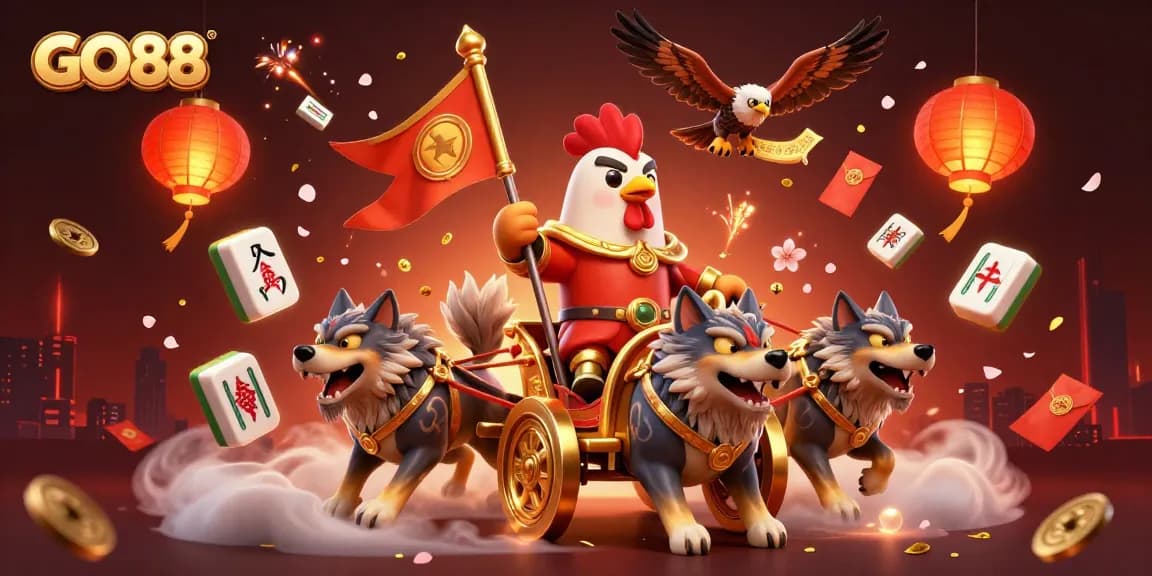 Experience the thrill of GO88 casino games with a vibrant 3D scene featuring exciting elements of fortune and luck.