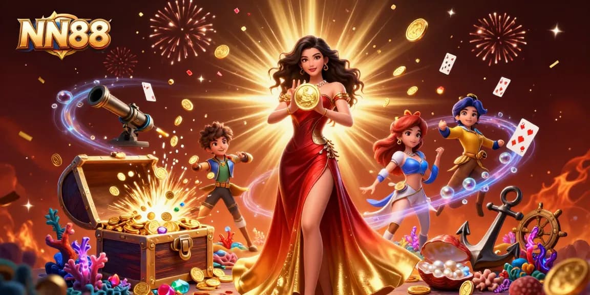 Engage with thrilling gaming experiences at NN88, featuring a dazzling Asian woman with golden coins in a rich casino backdrop.