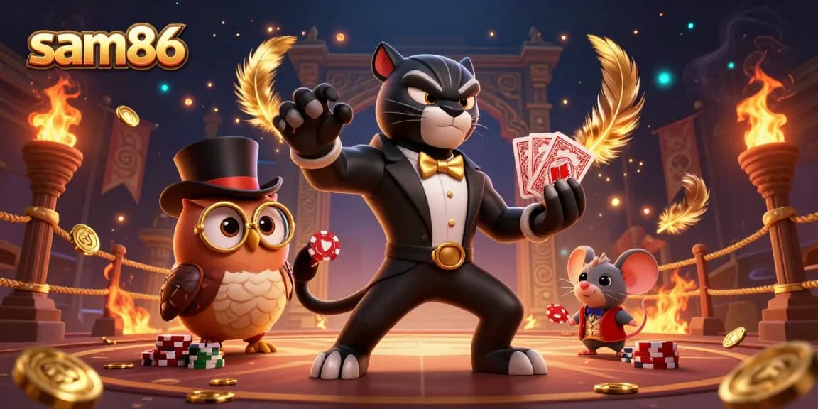 Experience exhilarating gameplay at sam86 with a stylish black panther dealing cards amongst vibrant casino elements.
