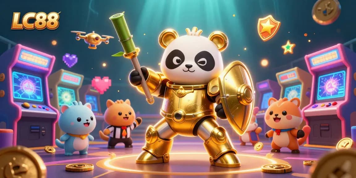 LC88 showcases a vibrant scene with a golden panda mech battling in a lively gaming arena.
