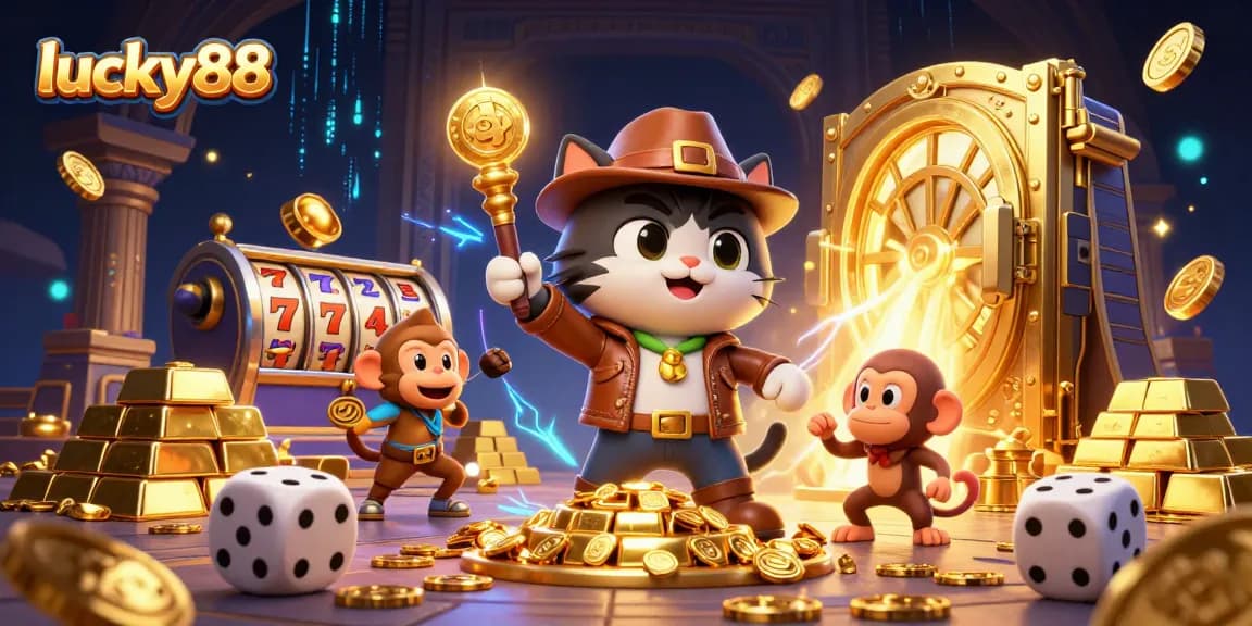 Spin for big wins on lucky88 slots with a treasure-hunting cat and glowing casino artifacts.