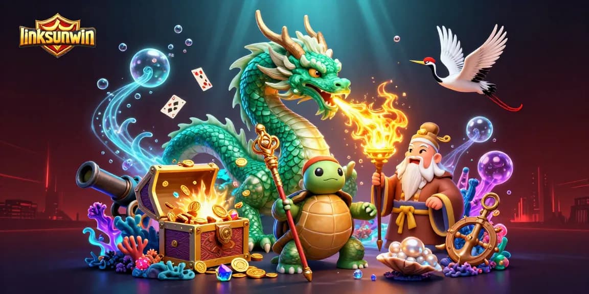 Engage with linksunwin's vibrant fantasy casino scene featuring a jade dragon and lucky cranes.
