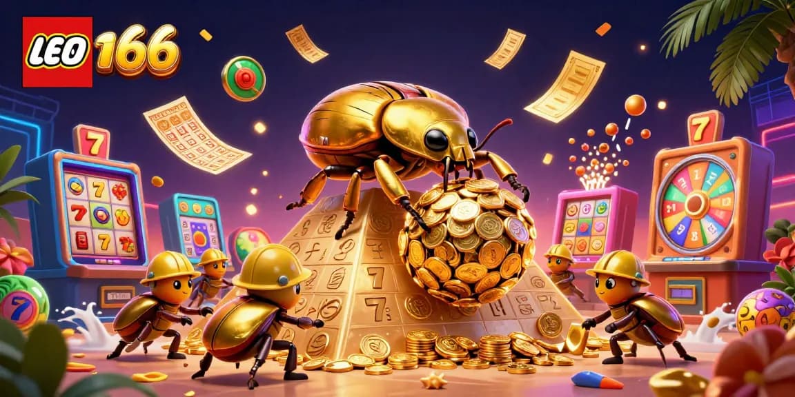 Experience thrilling gameplay with Lego66 as a golden beetle rolls coins in a vibrant casino-inspired scene.