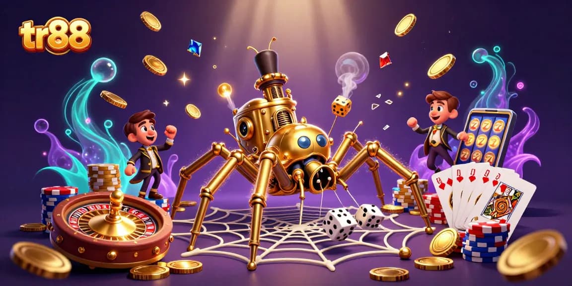 Experience gambling thrills at tr88 with a steampunk spider and coins in a dazzling casino scene.