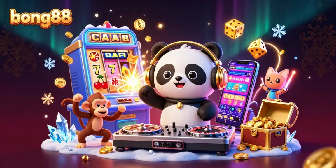 Bong88's vibrant illustration shows a DJ panda spinning roulette wheels, surrounded by exciting casino elements, all in a lively atmosphere.