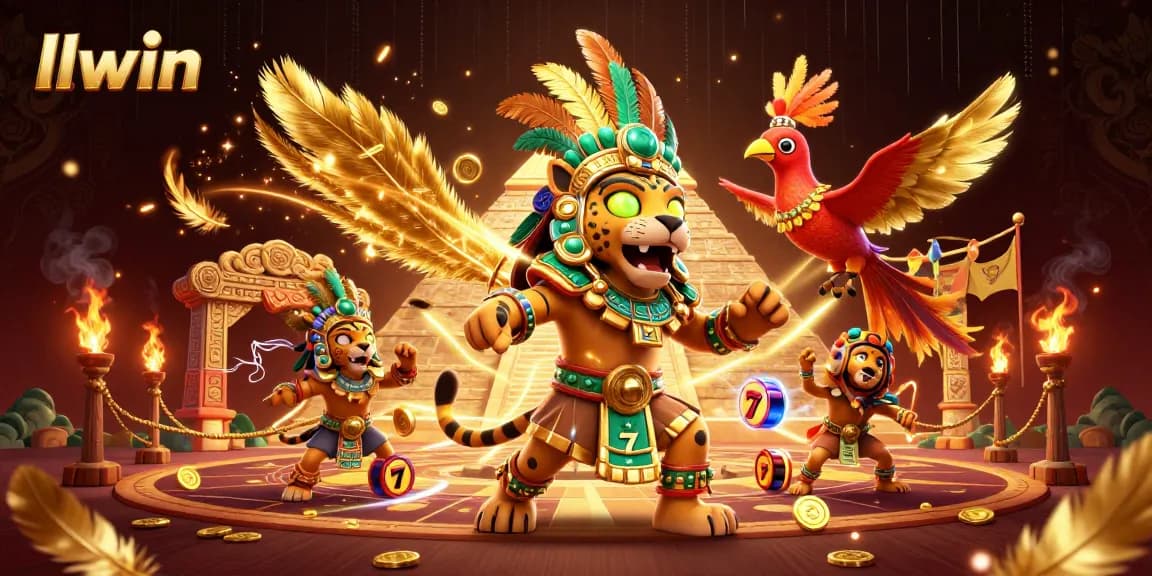 Spin the reels at llwin with a vibrant 3D casino illustration featuring a Mayan priest and gold coins.