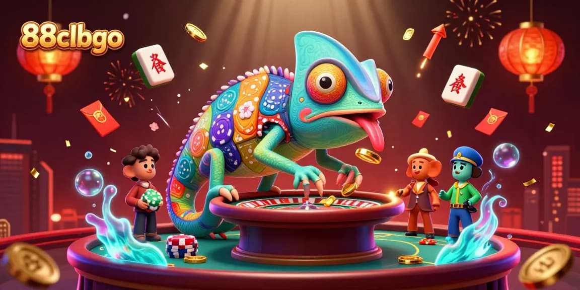Experience thrilling gaming at 88clbgo with a vibrant chameleon casino owner surrounded by dynamic gambling elements.